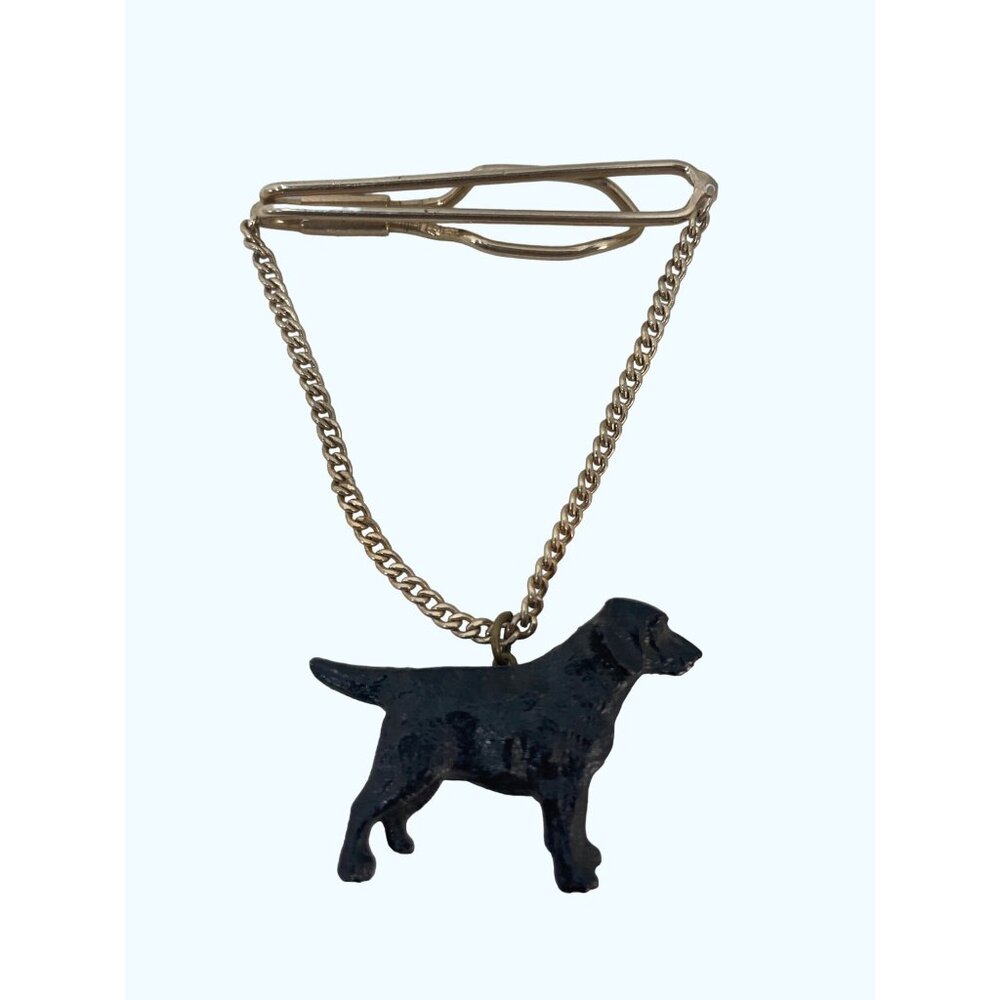 Vintage Dog-Shaped Black Metal Tie Clip Gold Chain & Clip For Pet Lovers